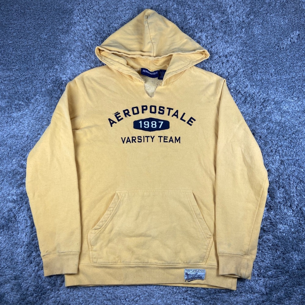 Vintage Aeropostale‎ Hoodie Mens S Yellow Varsity Team Pullover Sweatshirt Y2k